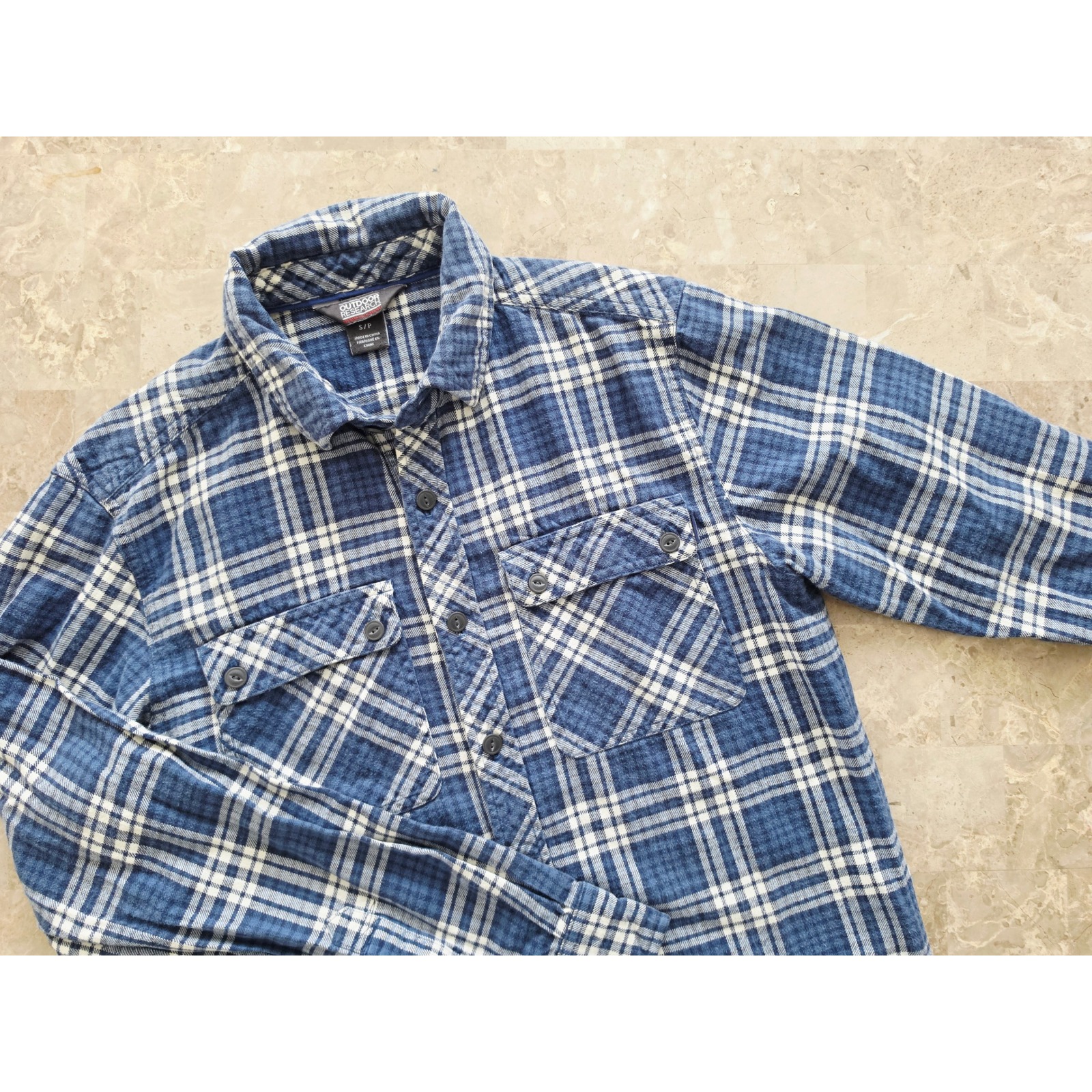 Outdoor Research Mens Blue White Plaid Organic Cotton Flannel Shirt Small